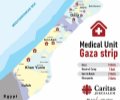 Mapa de la Franja de Gaza donde se muestran las unidades médicas que desarrollan sus funciones en ella