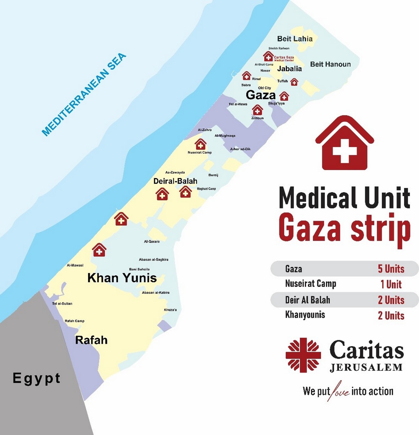 Mapa de la Franja de Gaza donde se muestran las unidades médicas que desarrollan sus funciones en ella